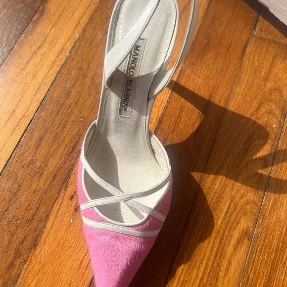 Manolo Blahnik Pink Pony Hair Slingback Heels Size 37 Kitten Heel - Picture 8 of 16
